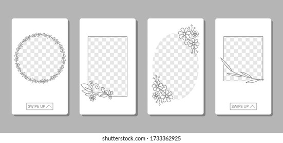 Collection of story templates vector isolated. Social media banner, communication with customer in social networks. Minimal frame design for mobile phone, abstract background with floral pattern.