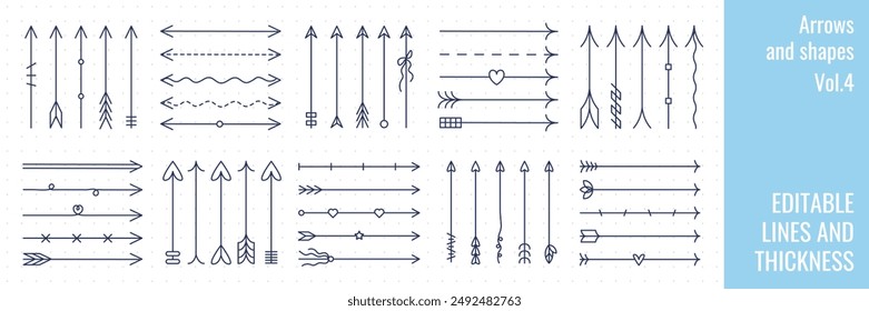 Collection of straight arrows, bow arrow headers, hand drawn, line doodle, ethnic style