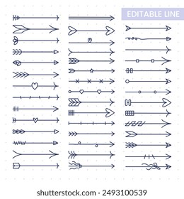 Collection of straight arrows, bow arrow headers, hand drawn, line doodle, ethnic style