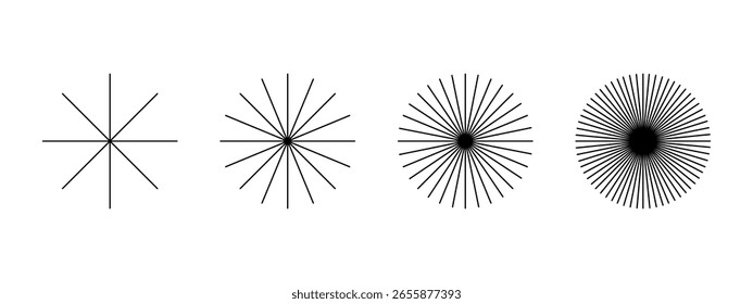Sammlung von geraden radialen Linien. Satz von Sonnenstrahlen-Symbolen einzeln auf weißem Hintergrund. Symbole für Strahlung, Explosion oder Feuerwerk. Sonnenlicht, Sonnenschein oder Sonnenstrahl Formen. Vektorgrafik.