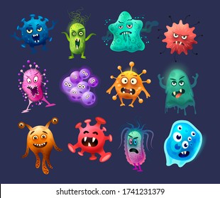 A collection of strange virus, germ and bacteria character monster cartoons. Vector illustration.