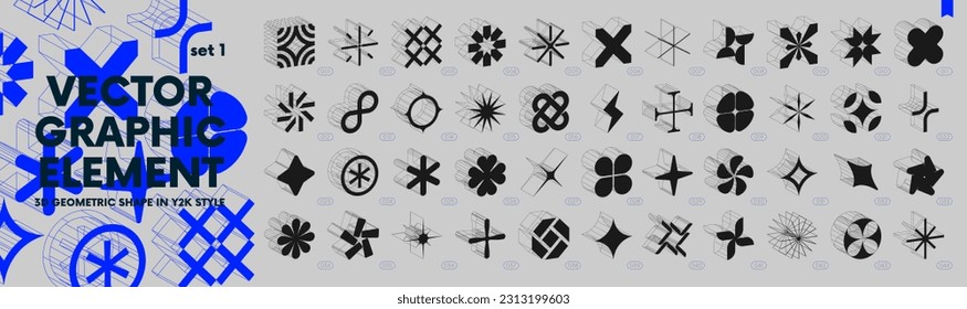 Collection of strange wireframes 3d geometric shapes, Vector abstract graphic elements in y2k style for design, set of different linear form inspired by brutalism, graphic design elements, set 1