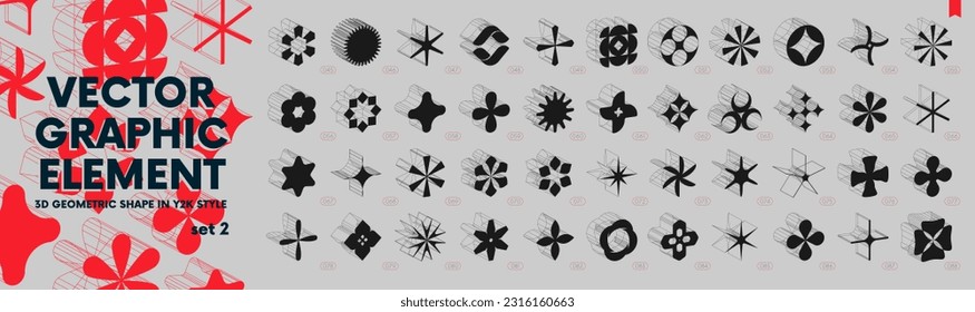 Collection of strange wireframes 3d geometric shapes, Vector abstract graphic elements in y2k style for design, set of different linear form inspired by brutalism, graphic design elements, set 2