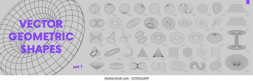 Collection of strange wireframes vector 3d geometric shapes, distortion and transformation of figure, set of different linear form inspired by brutalism, graphic design elements, set 1