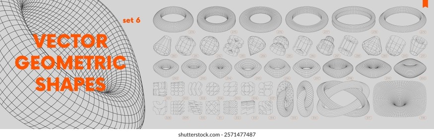 Collection of strange wireframes vector 3d geometric shapes, distortion and transformation of figure, set of different linear form inspired by brutalism, graphic design elements, set 6