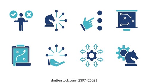 recopilación de la toma de decisiones de estrategia planificación de la acción empresarial conjunto de iconos objetivo solución táctica gestión de marketing vector ilustración