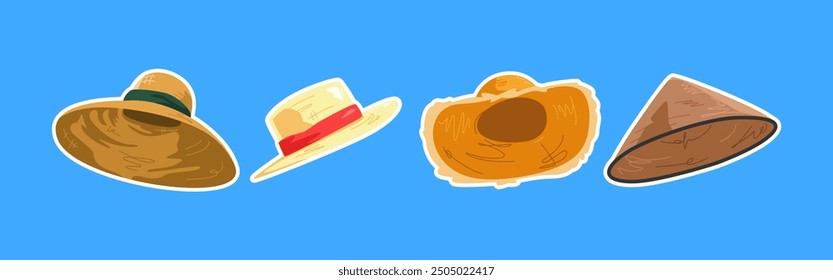 Collection of straw hat, sun hat, farmer hat with flat style. Isolated on blue background. Vector illustration.