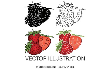 Una Colección de fresas con hojas - Ilustraciones vectoriales aisladas