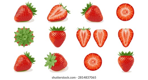 A collection of strawberries in various states, including whole, halved, and cross sections, with green leaves attached.