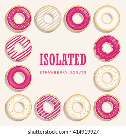 Collection of strawberry donuts, Vector sweet donuts isolated and background.