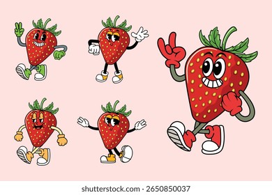 Colección de fruta de fresa en ilustración de dibujos animados de estilo cómico retro