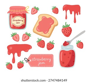 A collection of strawberry jam jars, toast with jam, fresh strawberry slices, and dripping fruit syrup.