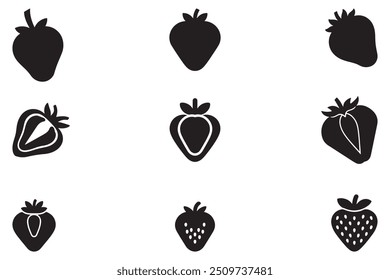 Uma coleção de silhuetas de morango em várias formas, apresentada como uma ilustração vetorial isolada.	
