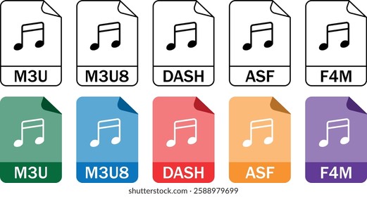 Collection of streaming media file format icons (M3U, M3U8, DASH, ASF, F4M) in outline and color styles. Ideal for content creators and online broadcasting.