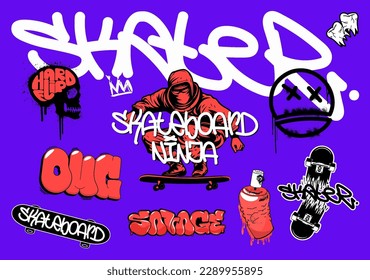 Collection of street culture, skateboarding, graffiti. Set Badge, sticker, patch, logo. Street elements for poster, t-shirt, sticker. Skater on the board, skull, graffiti, skateboard, tags. Vector set
