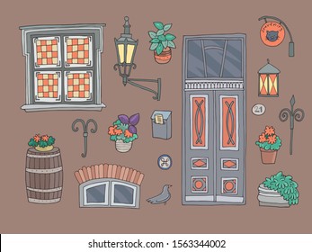 Collection of street elements of old European city. Hand-drawn vector illustration.