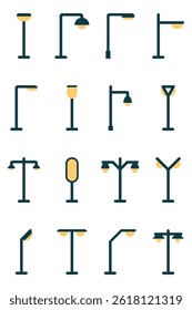 Collection of Street Lamp Icons in Flat Style with Modern and Classic Urban Designs