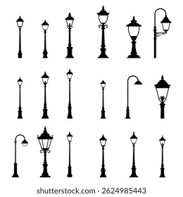 Collection of street lamp, lamp post silhouette vector isolated on white background.
