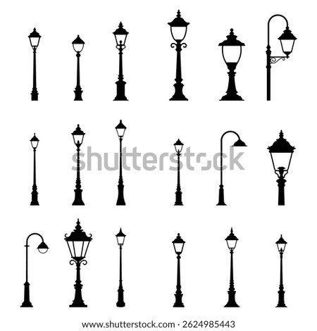 Collection of street lamp, lamp post silhouette vector isolated on white background.
