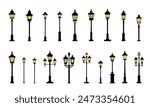 Collection of streetlight silhouette. Hand drawn vector art.