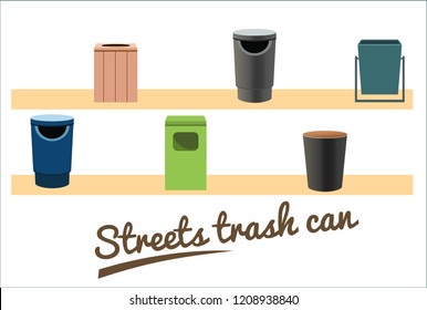 Collection streets trash can. Flat illustration of street and in-house trash bins. Metal and plastic garbage containers. Vector set.