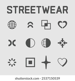 Collection of streetwear graphic geometric symbols and objects in y2k style