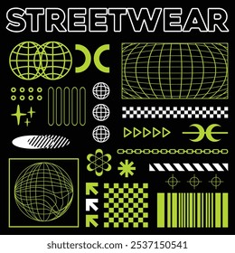 Collection of streetwear graphic geometric symbols and objects in y2k style