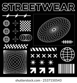 Collection of streetwear graphic geometric symbols and objects in y2k style