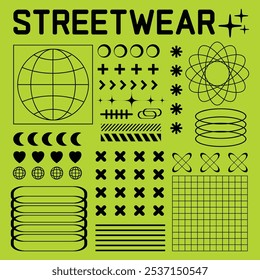 Collection of streetwear graphic geometric symbols and objects in y2k style