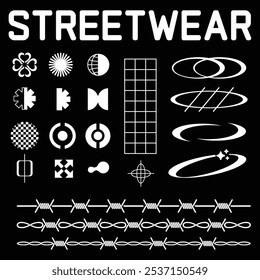 Collection of streetwear graphic geometric symbols and objects in y2k style