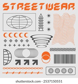 Collection of streetwear graphic geometric symbols and objects in y2k style