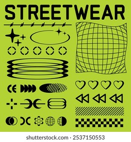 Collection of streetwear graphic geometric symbols and objects in y2k style