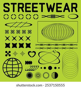 Collection of streetwear graphic geometric symbols and objects in y2k style