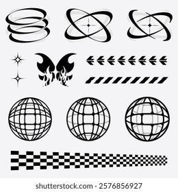 A collection of streetwear inspired graphics, including abstract shapes, sparkles, and dynamic lines, arrows, globes, and geometric  for urban fashion aesthetics