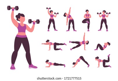 Collection of strength and calisthenics exercises that you can do at home. Set 1 of 2. Vector illustration with characters isolated on white background.