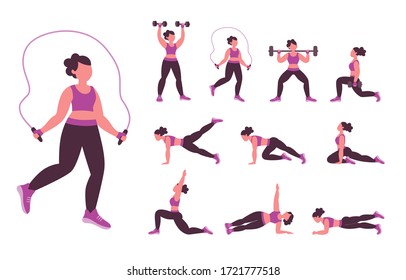 Collection of strength and calisthenics exercises that you can do at home. Set 2 of 2. Vector illustration with characters isolated on white background.