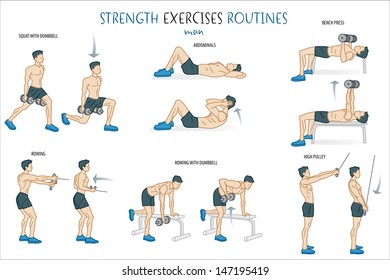 A collection of strength Exercise Routine performed by a muscular atractive man.