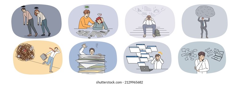 Collection of stressed man employee frustrated with workload and tasks in office. Set of tired unwell male workers overwhelmed with notifications. Fatigue and overwork. Vector illustration. 