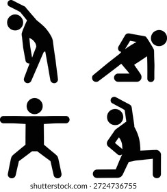 Uma coleção de ícones de alongamento e exercício de aquecimento em um estilo de figura de bastão minimalista