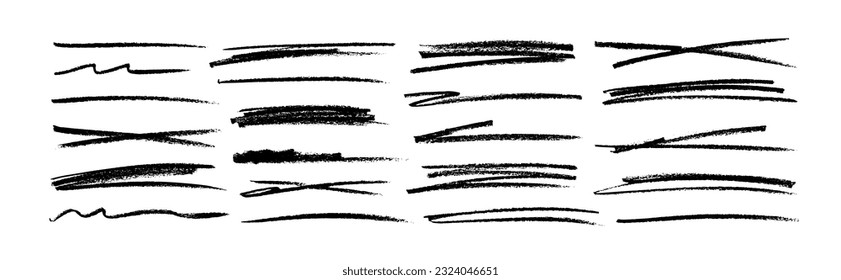 Collection strikethrough charcoal lines. Set of different doodle underlines. Horizontal hand drawn marker stripes, scribble brush strokes. Pencil or pen drawn lines, strikethroughs, underlines.