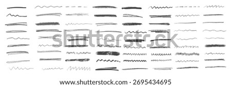 Collection strikethrough charcoal lines. Set of different doodle underlines. Horizontal hand drawn marker stripes, scribble brush strokes. Pencil or pen drawn lines, strikethroughs, underlines.