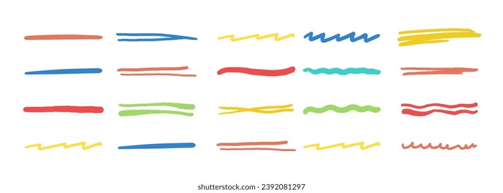 Collection of strikethrough multi colored  charcoal crayon underlines. different doodle colorful wavy lines emphasis. Horizontal hand drawn marker stripes, brush strokes and arrows