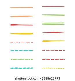 Collection of strikethrough multi colored underlines. different doodle colorful dotted and wavy lines emphasis. Horizontal hand drawn marker stripes, brush strokes
