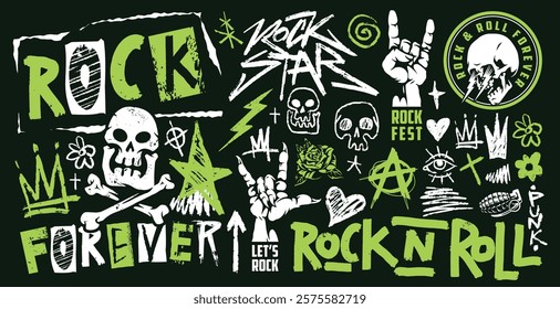 A collection of striking graphics showcasing rock music culture featuring skulls stars and iconic symbols of rebellion and energy arranged in a bold design.