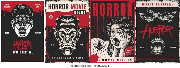 A collection of striking posters advertising a horror movie festival with chilling imagery and event details. The vibrant colors draw attention to the eerie themes featured.