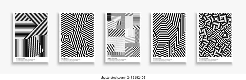 Sammlung gestreifter abstrakter Kunstwerke, geometrische Cover, Vorlagen, Plakate, Broschüren, Banner, Hintergründe und so weiter. Kreativ strukturierte moderne Poster. Schwarz-Weiß-Grafik trendige Minimaldrucke