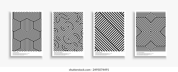 Collection of striped abstract geometric covers, templates, placards, brochures, banners, backgrounds. Monochrome textured creative artwork posters. Black and white graphic trendy fabric prints