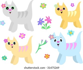 Collection of Striped Cats and Flowers Vector