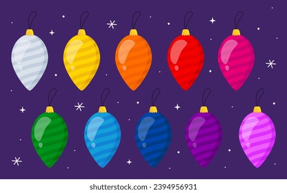 Collection of striped multi colored christmas balls. Christmas toys in shape of icicles. White, yellow, orange, red, purple, blue, green. new year's toys. Christmas tree decor.