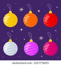 Collection of striped multicolored Christmas balls. Christmas tree decor. Illustration for a card, banner, poster. White, yellow, red, orange, pink and purple glass christmas toys.